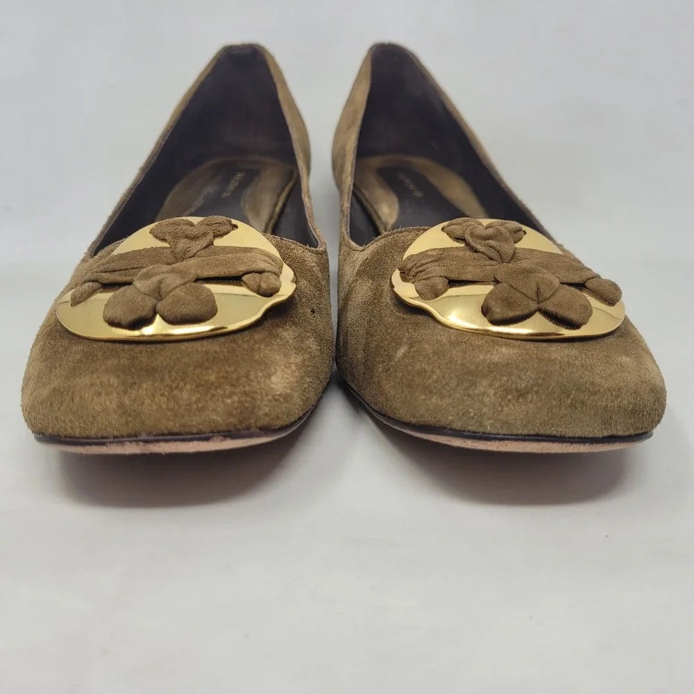 Tory Burch Heels 10M Brown Green Suede Medallion Pumps Block Heel Office Work
